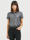 Boyfriend Short Sleeve Blouse - Charcoal Chambray with Dots