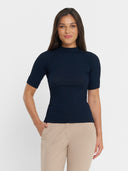Short Sleeve Ribbed Mock Neck Knit - Deep Navy
