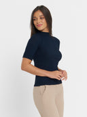 Short Sleeve Ribbed Mock Neck Knit - Deep Navy